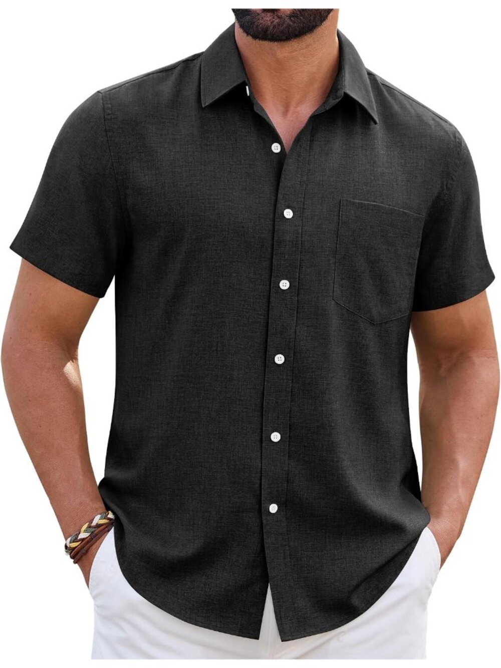 Men's Short Sleeve Linen Black Wrinkle Free Casual Beach Button Down Shirt
